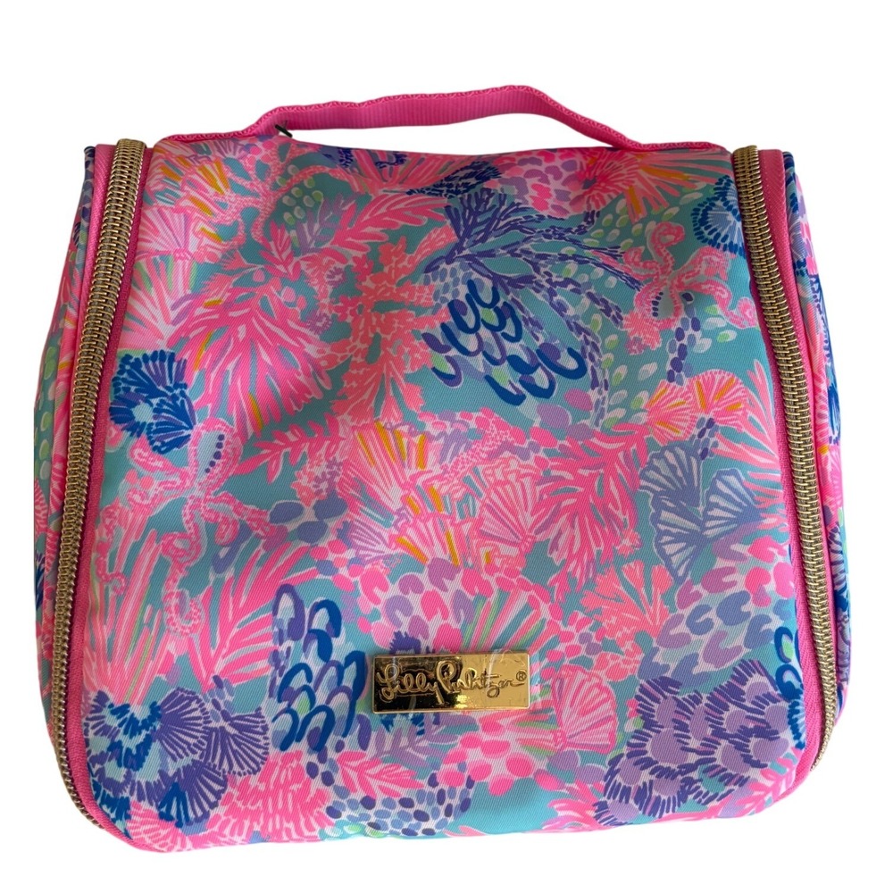 Lilly Pulitzer Hanging Toiletry Bag Pink Blue Tropical Coral Travel Organizer - Picture 7 of 7
